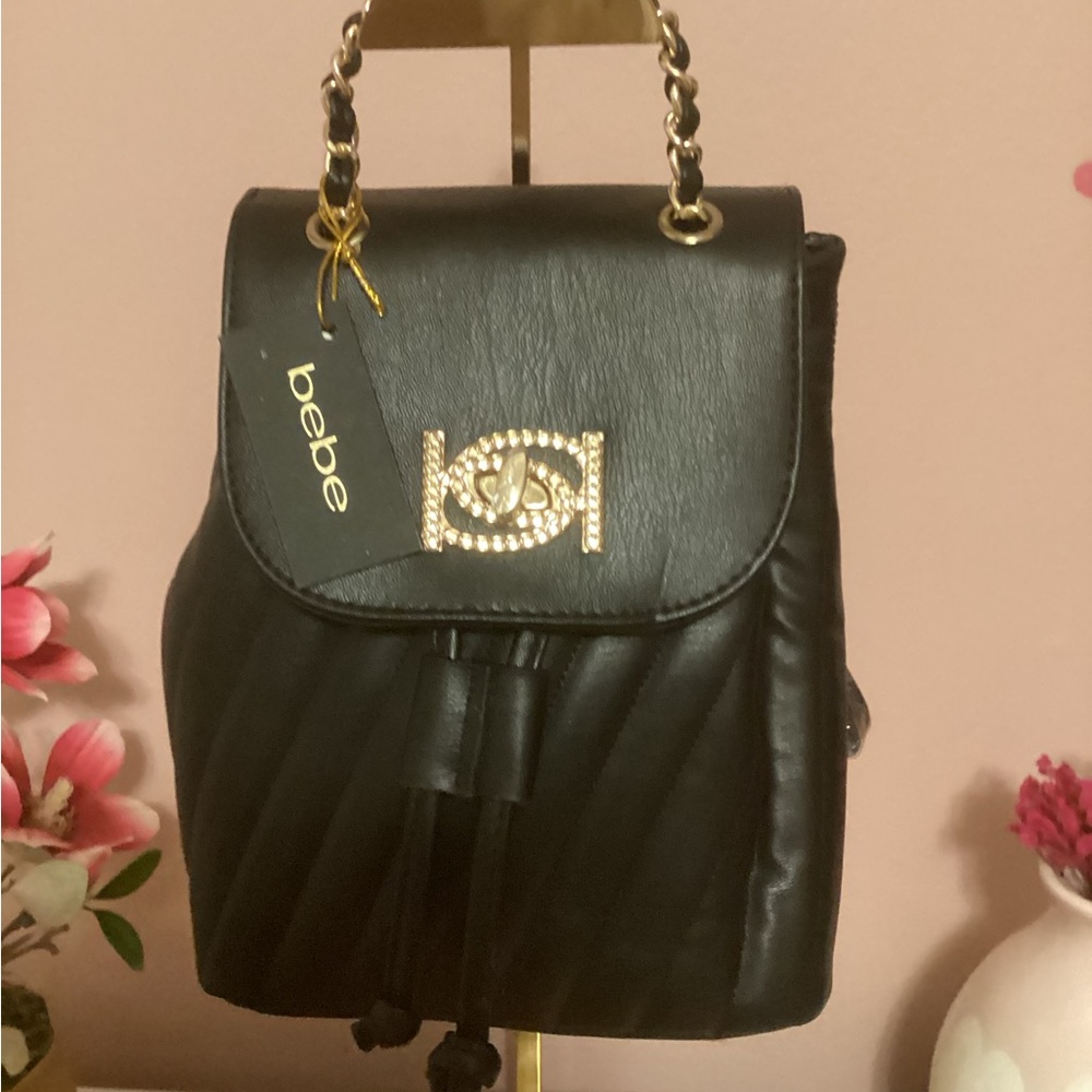 Bebe Black Backpack with Gold Chain Detail